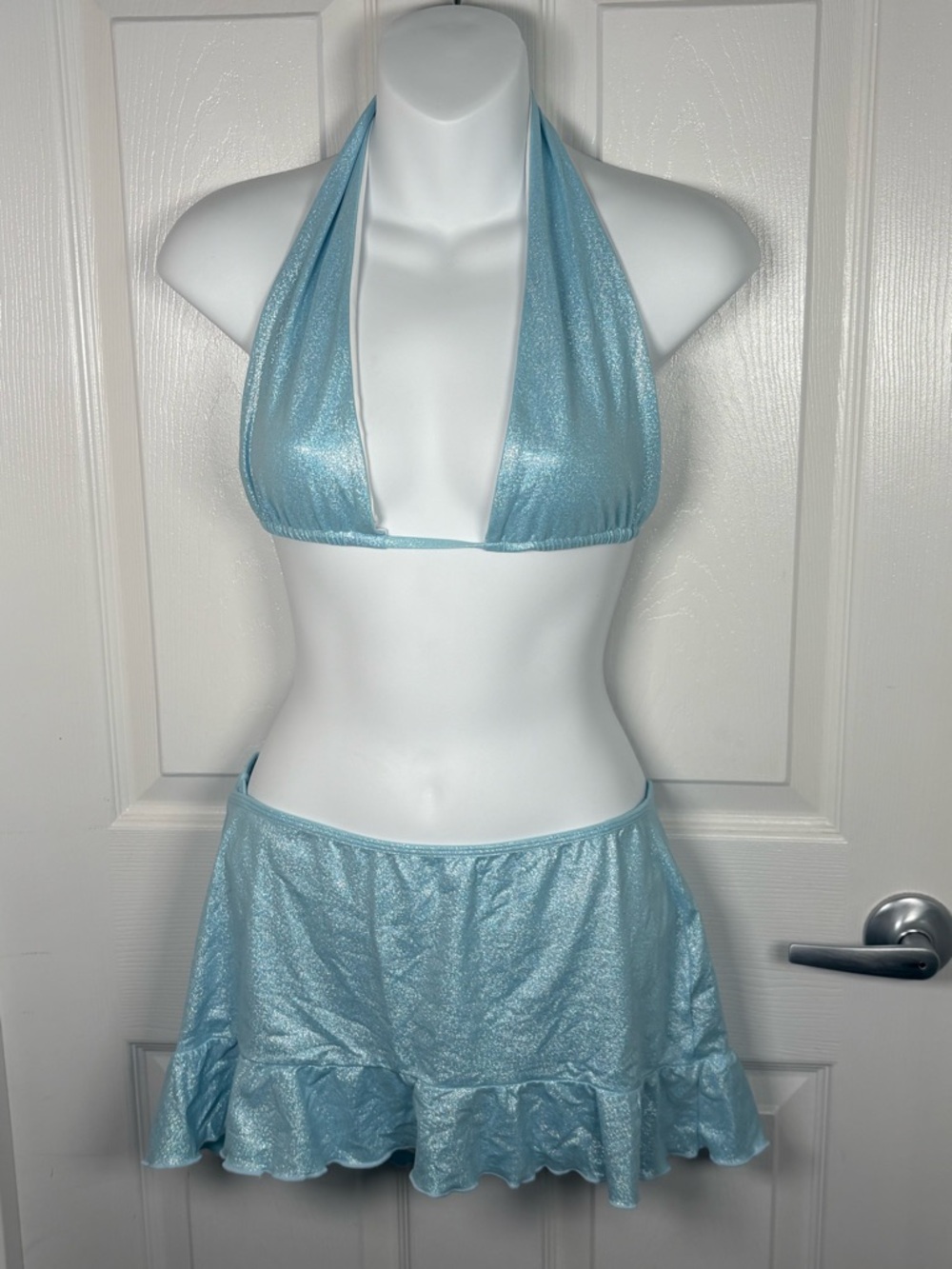 Frankie's Bikinis Light Blue Metallic Halter Bikini with Ruffle Skirt B22 - Picture 2 of 11